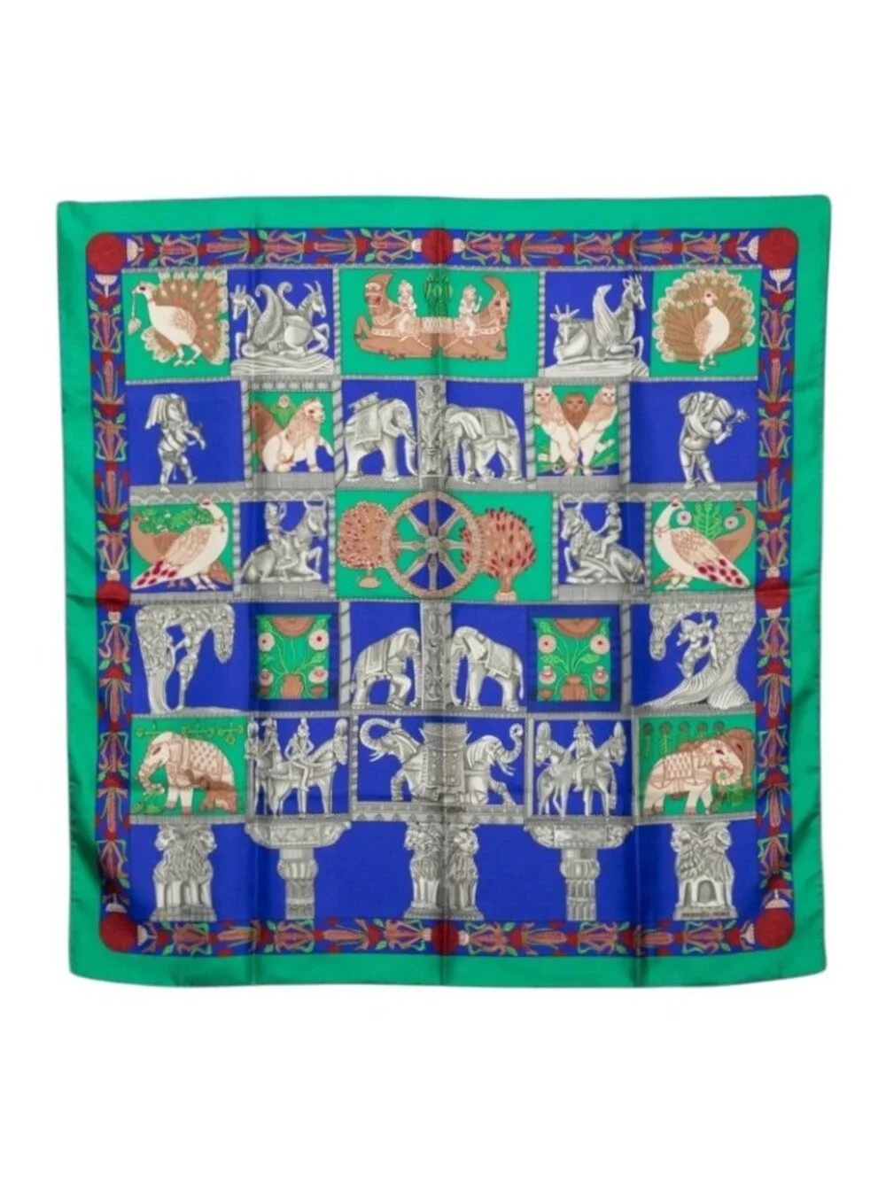 Hermes Carre 90 Torana Tower Scarf Green Multicolor Silk